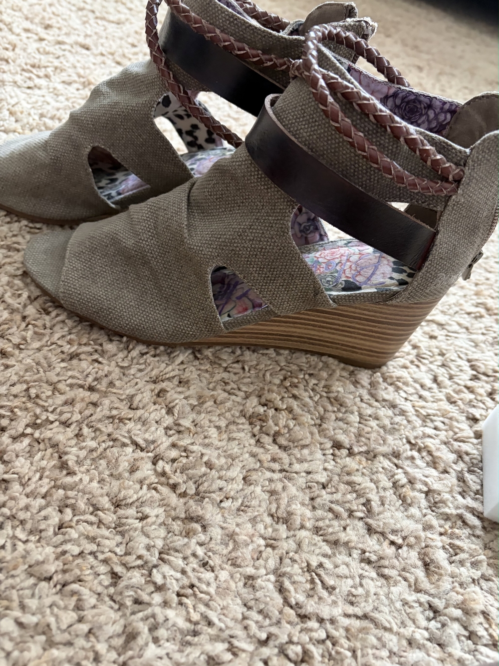 Blowfish Taupe Canvas Wedge Sandals with Brown Braided Straps